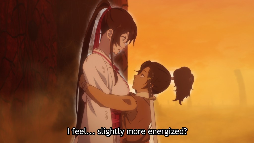 Nurugai hugs Sagiri to restore some of her Tao energy. Sagiri says, "I feel... slightly more energized?"