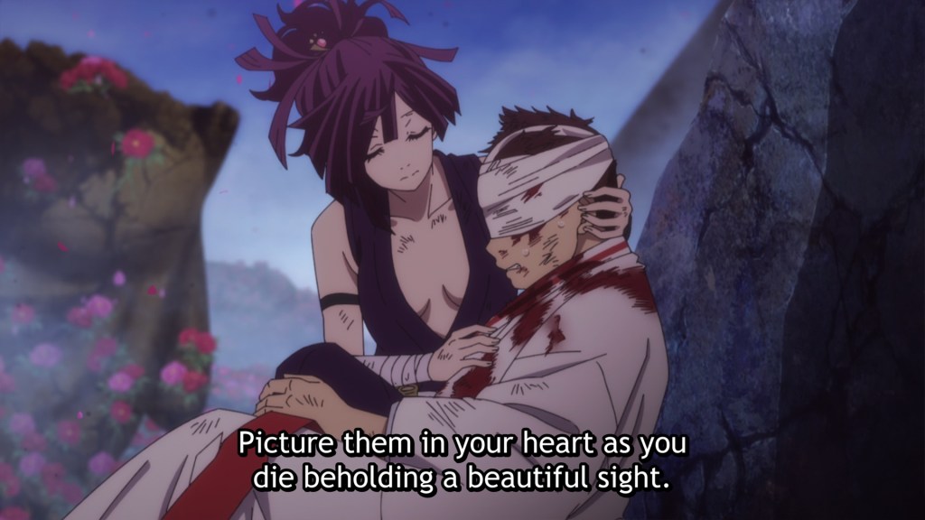 Yuzuriha comforts Senta as he dies, saying "Picture them in your heart as you die beholding a beautiful sight."