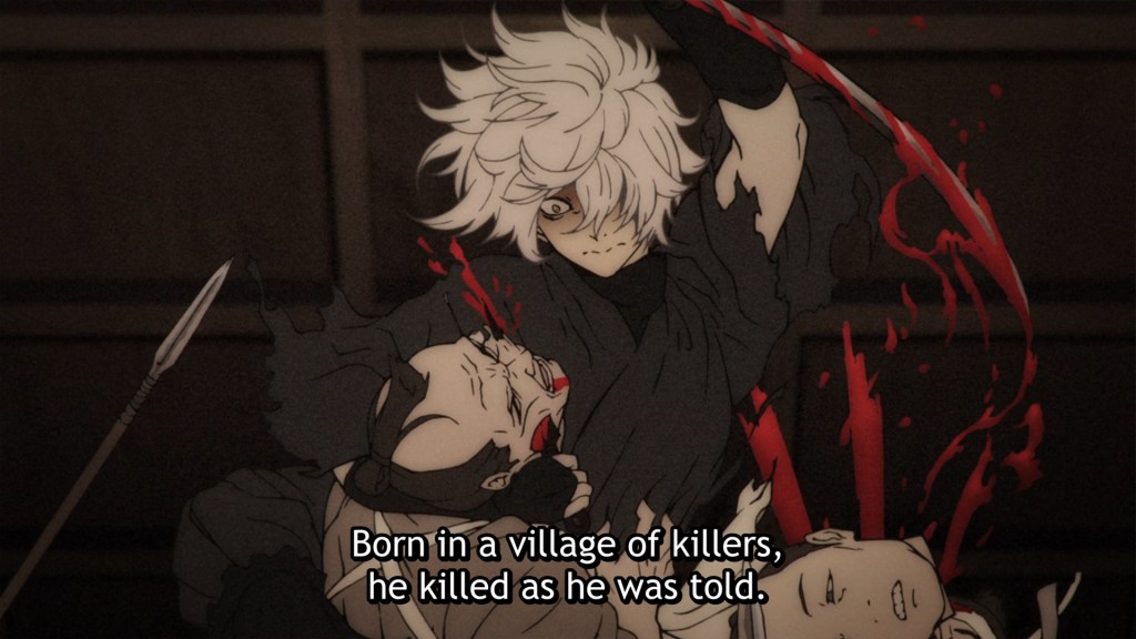 A flashback of Gabimaru slaughtering a horde of guards. A voiceover reads, "Born in a village of killers, he killed as he was told."