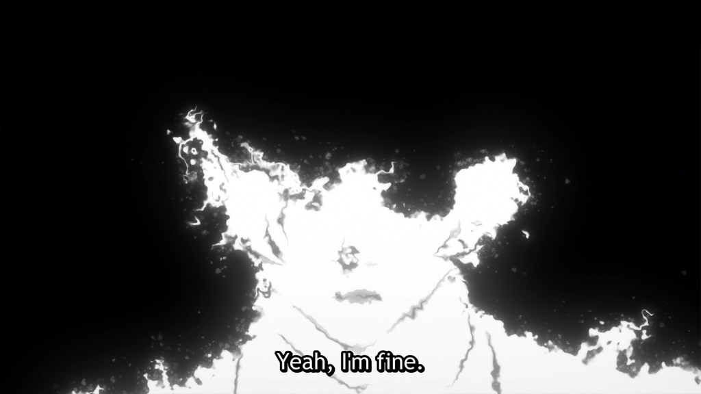 A black-and-white image of Gabimaru's energy as seen by Mei. The top half of his head is missing. He says, "Yeah, I'm fine."