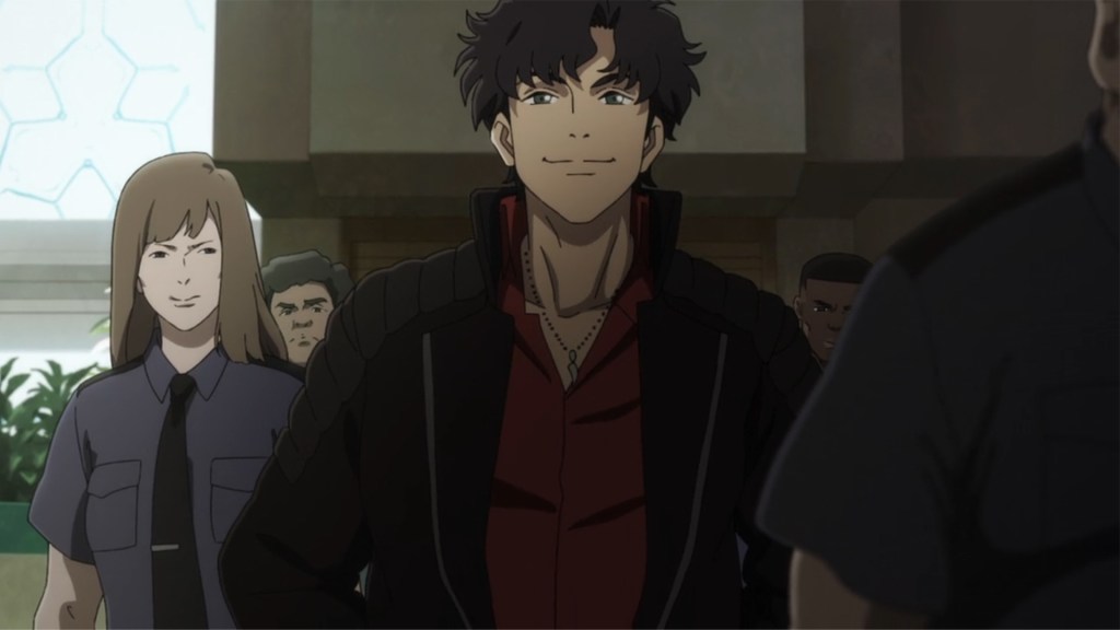 Axel, surrounded by four security guards before entering an elevator for the worst day of their careers.